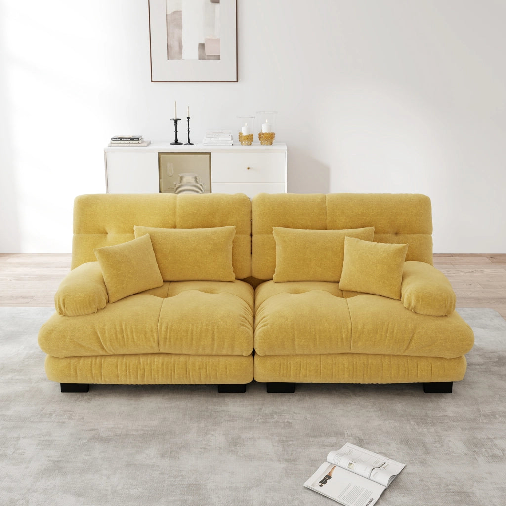 Divano angolare modulare in ciniglia con cuscini lombari e decorativi, schienale ergonomico giallo 220 × 77 × 81 cm