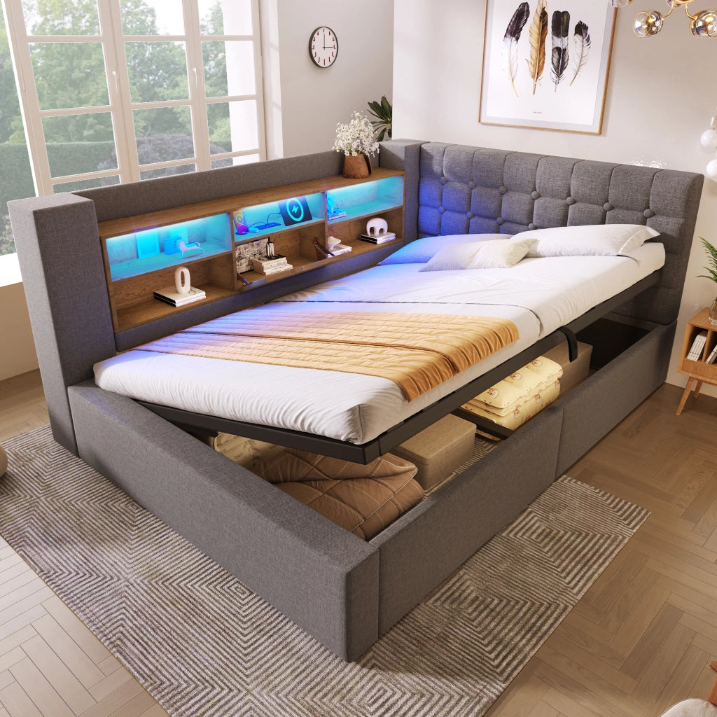 LETTO Contenitore 140x190 cm Grigio in lino con LED e porte di ricarica