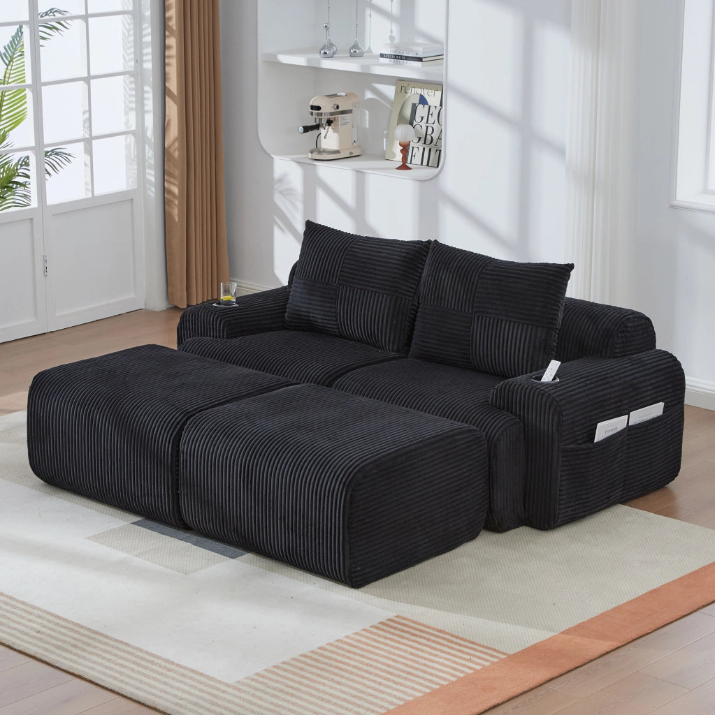Divano modulare a 2 posti in tessuto corduroy nero con portabicchieri e tasca laterale; 200 x 174 x 80 cm