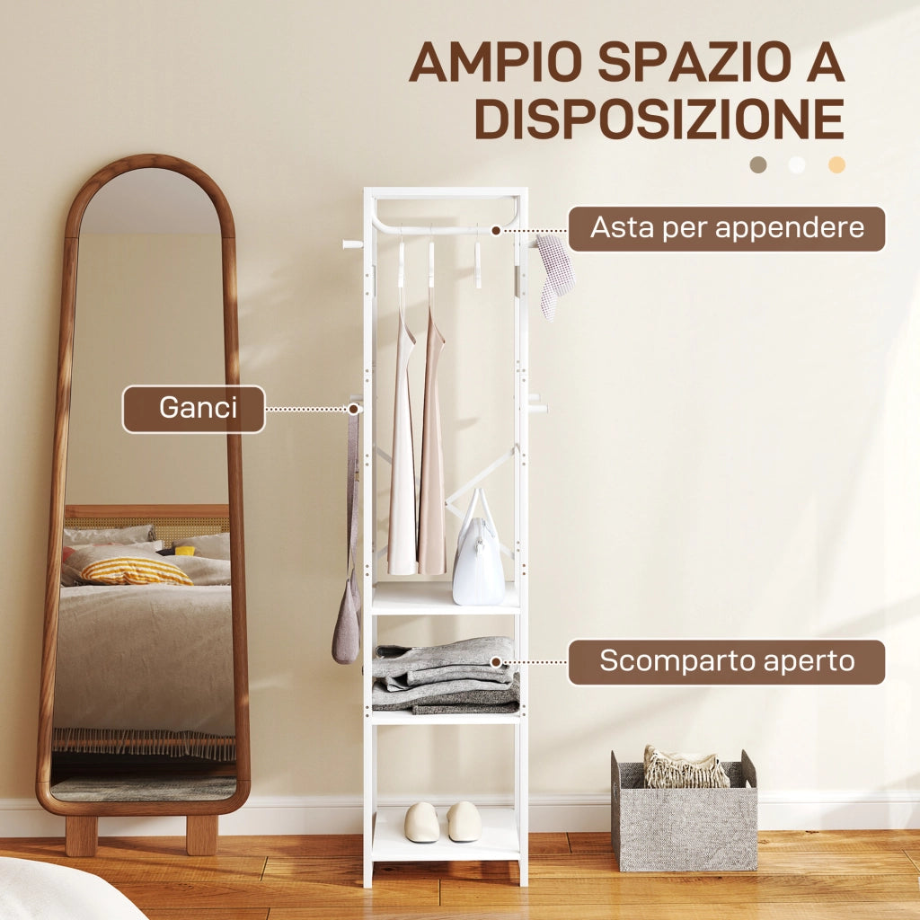 Appendiabiti da Terra con Asta e 2 Ripiani Aperti, in Legno e Acciaio, 38.5x30x170 cm, Bianco e color Legno