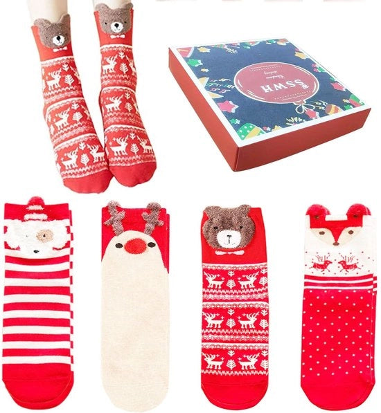 Sokkettes di Natale 4 Paia - Calze di Cotone - Disegni di Animali Carini - Regalo di Natale - Regalo di Capodanno - Misura Unica - Presa Comoda