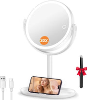 Specchio cosmetico con illuminazione, 30x specchio a due facce ingrandente con illuminazione, 20 cm regolabile, 3 colori di illuminazione, 64 LED, rotativo 360° e staccabile per bagno e viaggio
