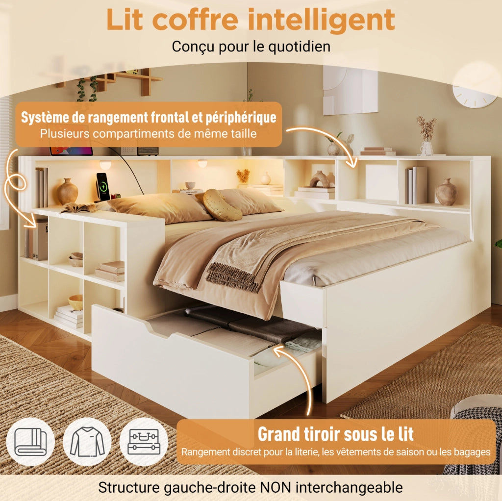 Letto singolo 90x200 cm con cassetti; ripiani; luci e porte USB Type-C; bianco