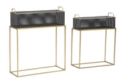 Porta Vasi Fashion Rettangolare Coppia 60x23x73,5-51x20x64 cm in Ferro Nero e Oro