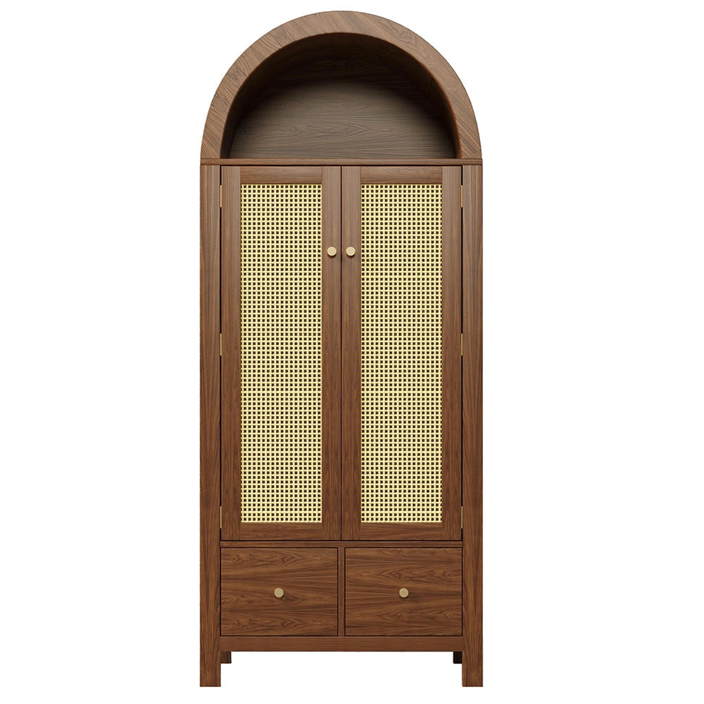 Armadio per soggiorno - Xylo - 181x78x45 cm - Aspetto noce - Tressatura in rattan, 2 ante magnetiche, 2 cassetti