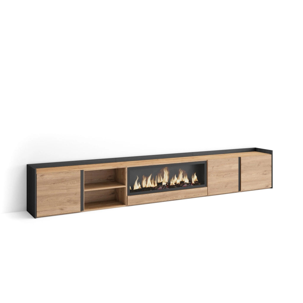 Mobile TV Soggiorno, 315x50x35 cm, Per TV fino a 80", Camino elettrico XXL, Rovere e nero