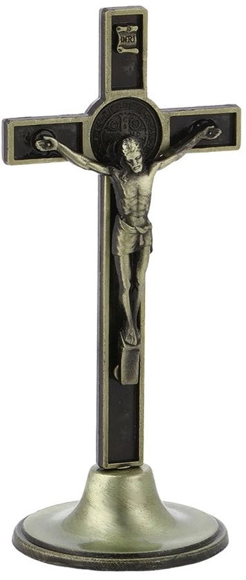 Croce in bronzo antico con base stabile - 11,5 cm di altezza - decorazione a forma di croce in piedi - con zinco - decorazione per interni