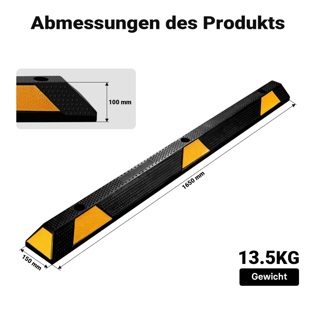 Delimitatore di parcheggio, battiruota in gomma 1650x150x100mm con fasce rifrangenti, Fermaruota