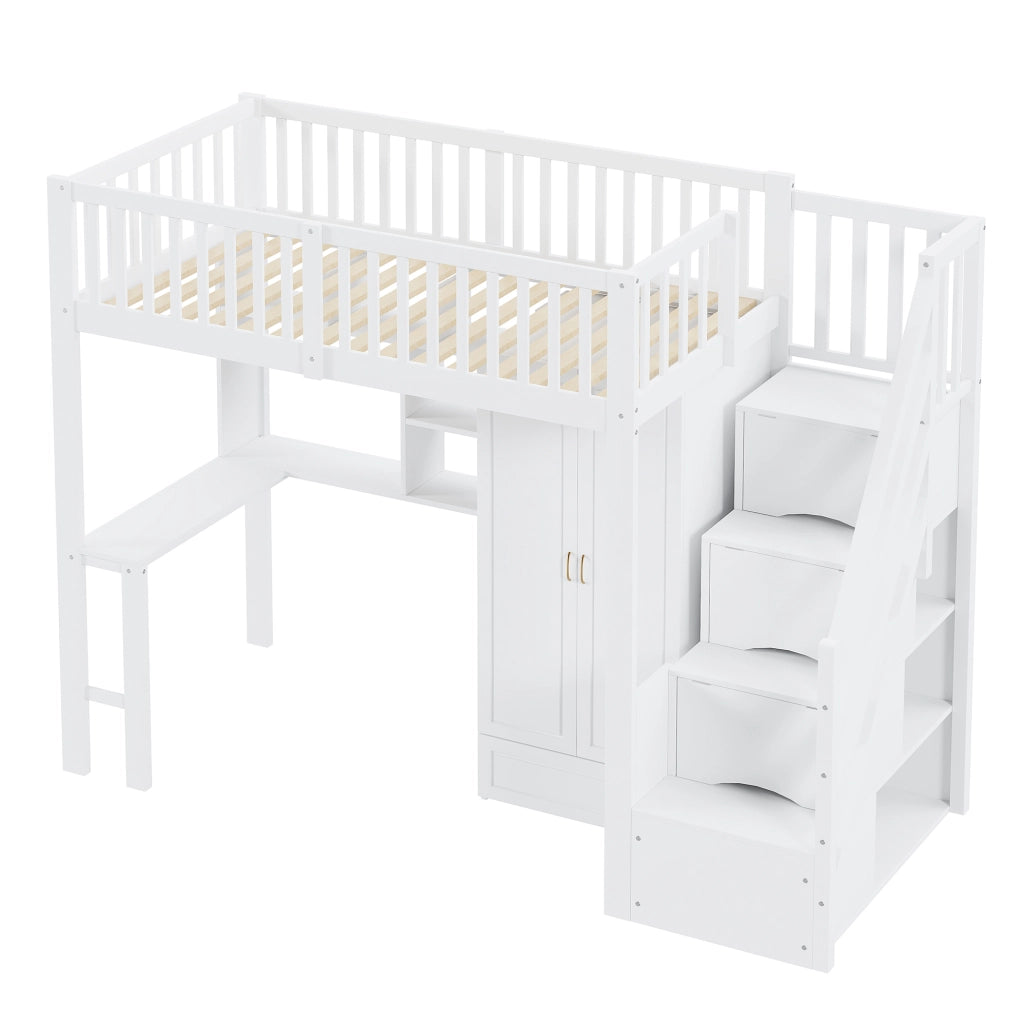 Letto a soppalco 90x200 cm in legno massello bianco con armadio; tavolo e scala contenitore