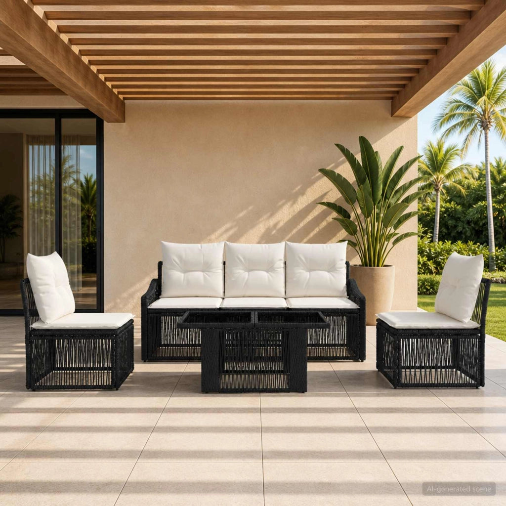 Set Divano da Giardino 6 pz Nero e Bianco Crema polyrattan 3437227