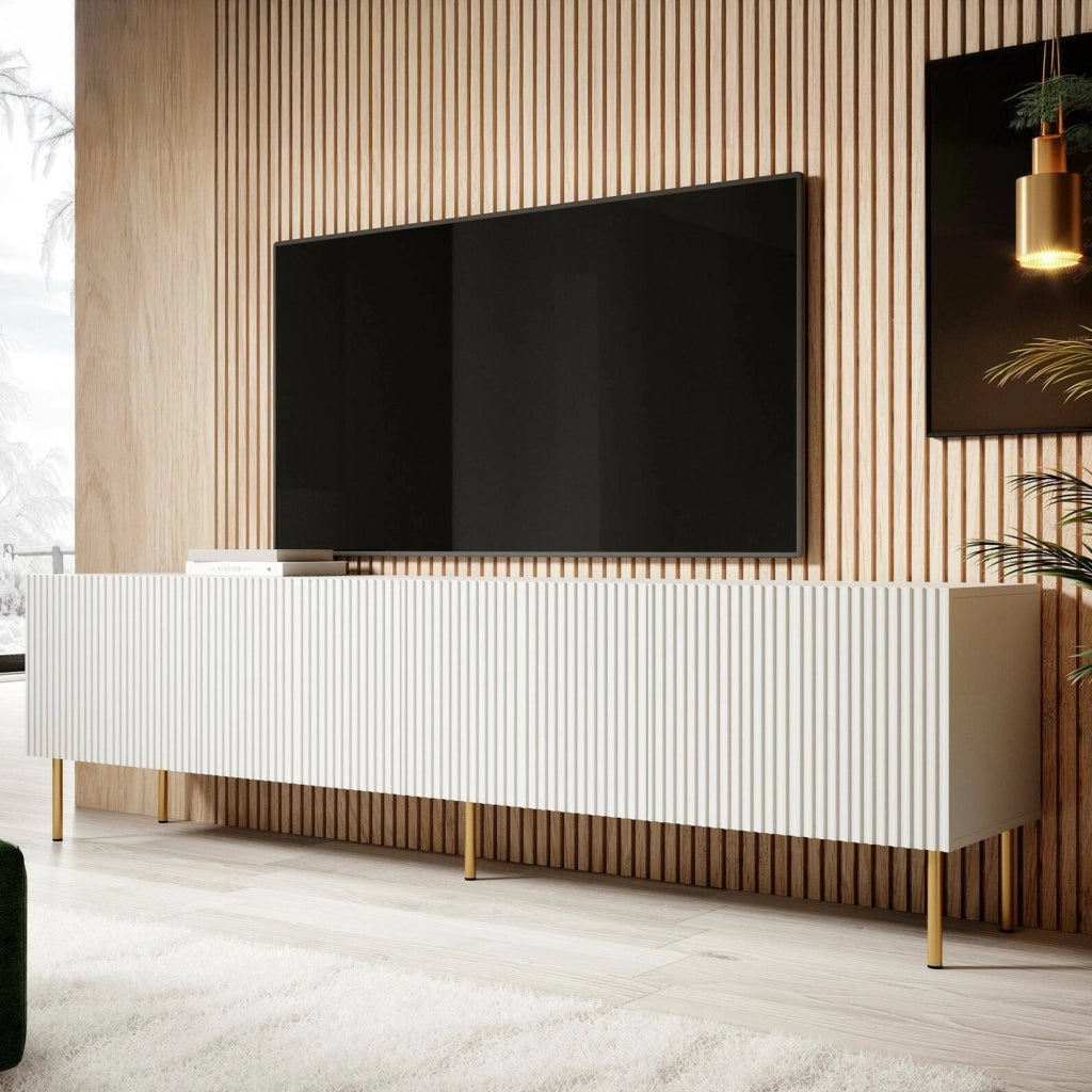 Mobile porta TV Varenna, Madia da salotto con quattro ante battenti, Rialzato da terra, 200x42 h52 cm, Bianco