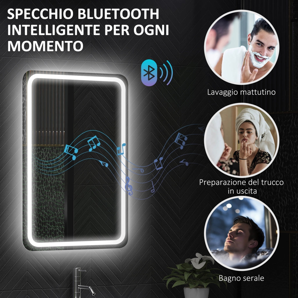 Specchio Bagno LED in Vetro Temperato con Bluetooth 70x50x3.5 cm Luce Regolabile e Touch Design Moderno