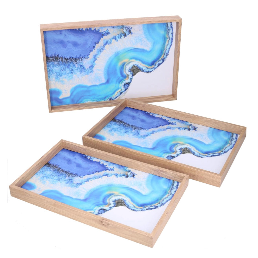 Set 3 Vassoi Rettangolari da Cucina in Legno Azzurro