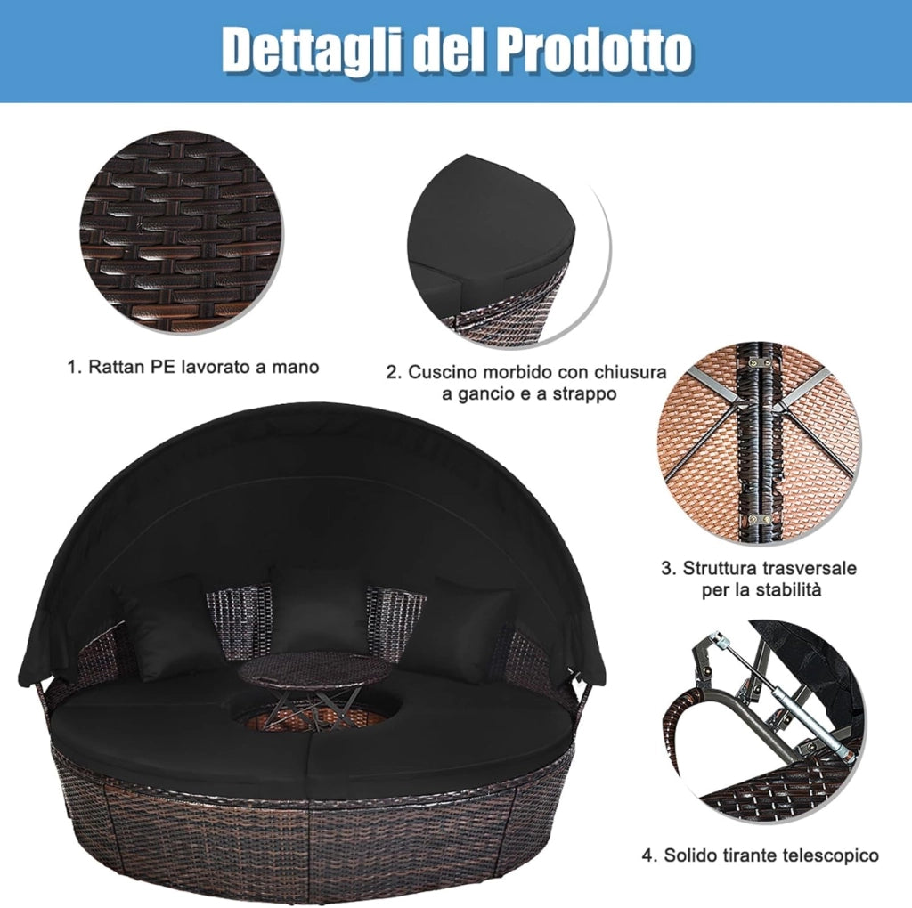 Letto Isola da Giardino, Divano Prendisole con Tettuccio Retrattile, con Sedili Cuscini Impermeabili Sfoderabili, Tavolino Regolabile in Altezza (Nero)