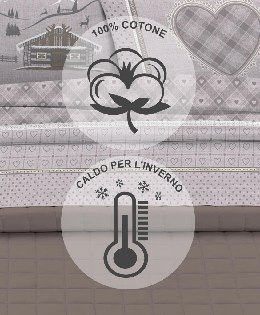 Completo Letto in Flanella Calda e Morbida Anti Pilling - Set Flanellato 3 Misure parure con Federe - Chalet Beige - 1 Piazza
