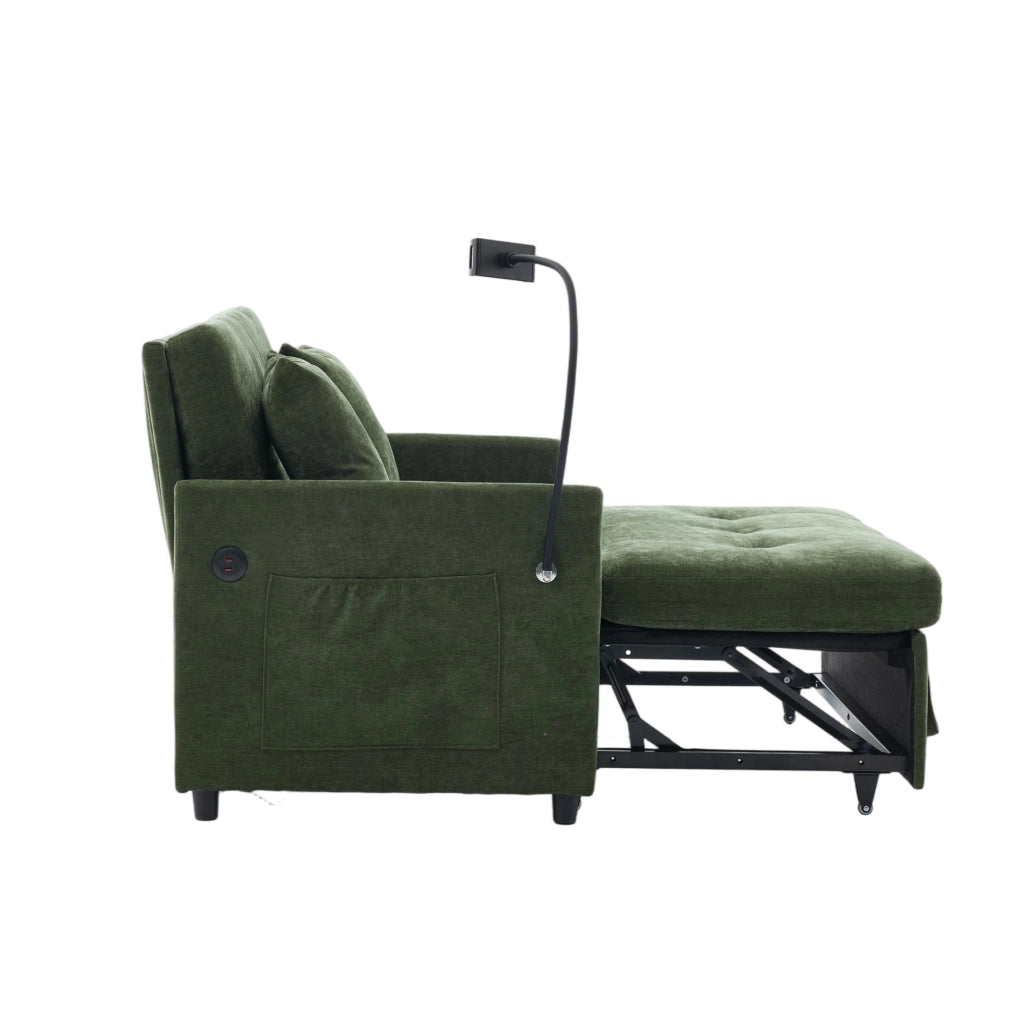 Divano letto moderno con porta USB e supporto tablet in tessuto di lino spazzolato verde 109 × 72 × 83,5 cm