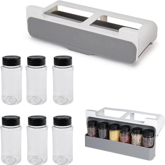 Kruidenrek con 6 contenitori di erbe, kruidenrek, accessori per la cucina, per spessore di tavolo fino a 1,8 cm, senza fori, grigio/bianco