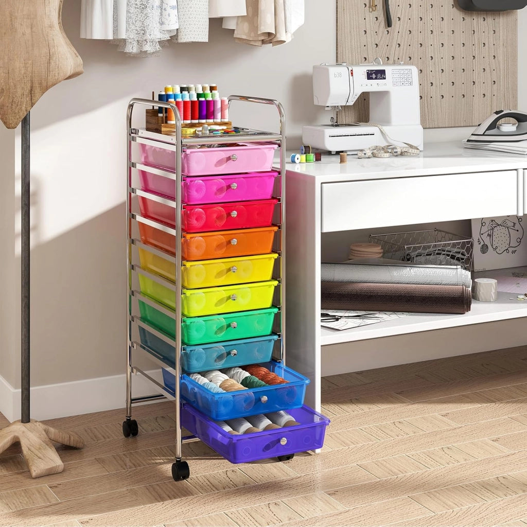 Carrello Portaoggetti con 10 Cassetti, Cassettiera con Ruote, Struttura in Metallo, Ruote Universali Bloccabili e Maniglia, Carrello Organizer per Casa, Ufficio (39 x 32 x 97 cm)