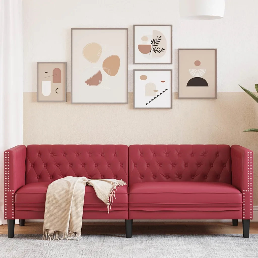 Divano Sedia-Poltrona Chesterfield a 3 Posti Rosso Vino in Similpelle