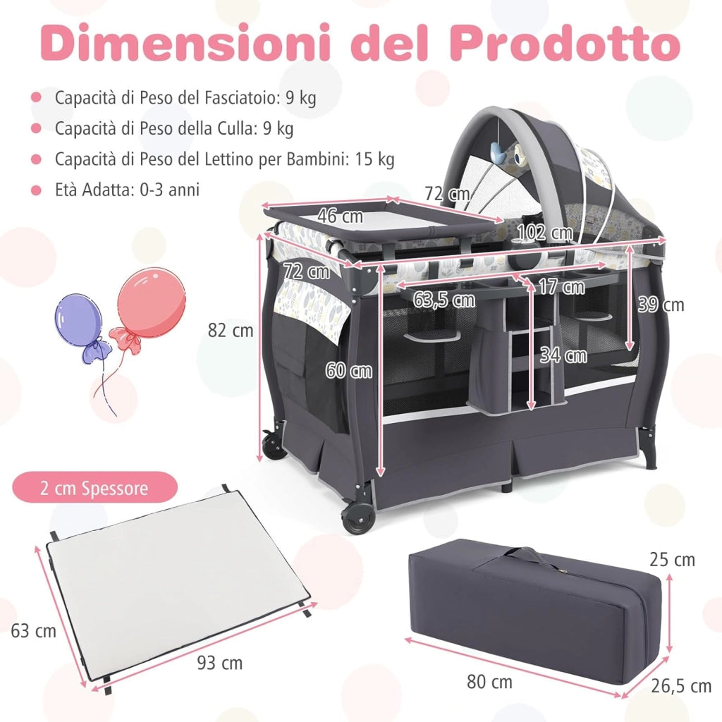 4 in 1 Lettino Neonato con Materasso, Culla da Campeggio con Fasciatoio Cappottina Regolabile, Ruote Bloccabili, Box Piechevole per Bambini 0-36 Mesi (Foglie)