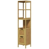 kleankin Mobile Colonna da Bagno con 3 Ripiani 2 Cassetti, 30L x 30l x 144H cm, Bambù