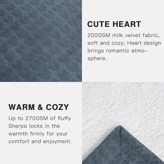 Deken 160 x 200 cm con forma a cuore unica in melkvelours jacquard 470 g/m² deken soffice e caldo con Sherpa fleece in grigio.
