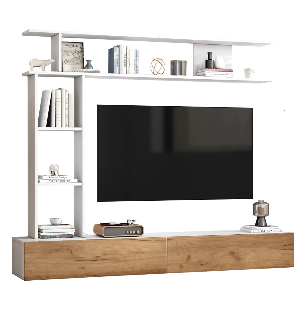 Mobile porta TV modulare con pensile e ripiani, bianco e legno