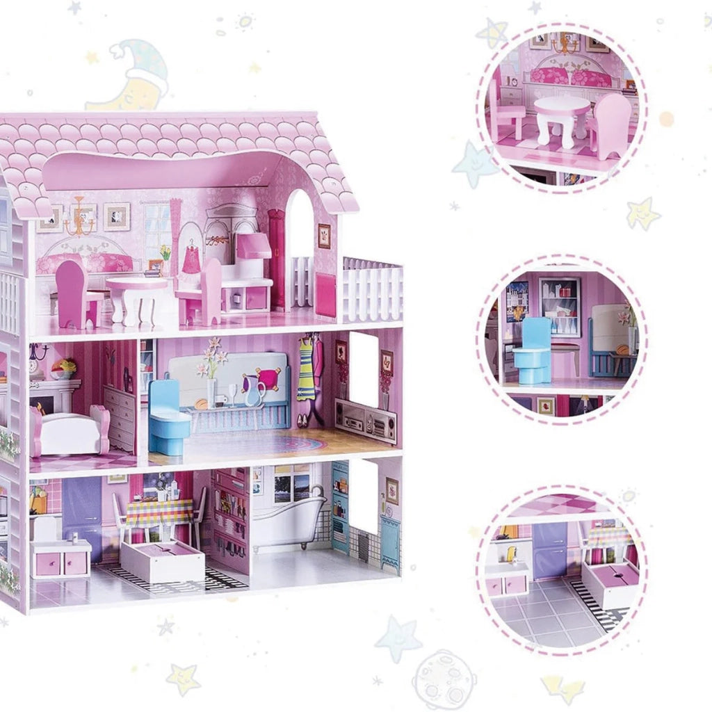 Casa delle bambole a 3 piani 61 x 26,5 x 71 cm giocattoli educativi decorativi in ​​MDF rosa 20_0017779
