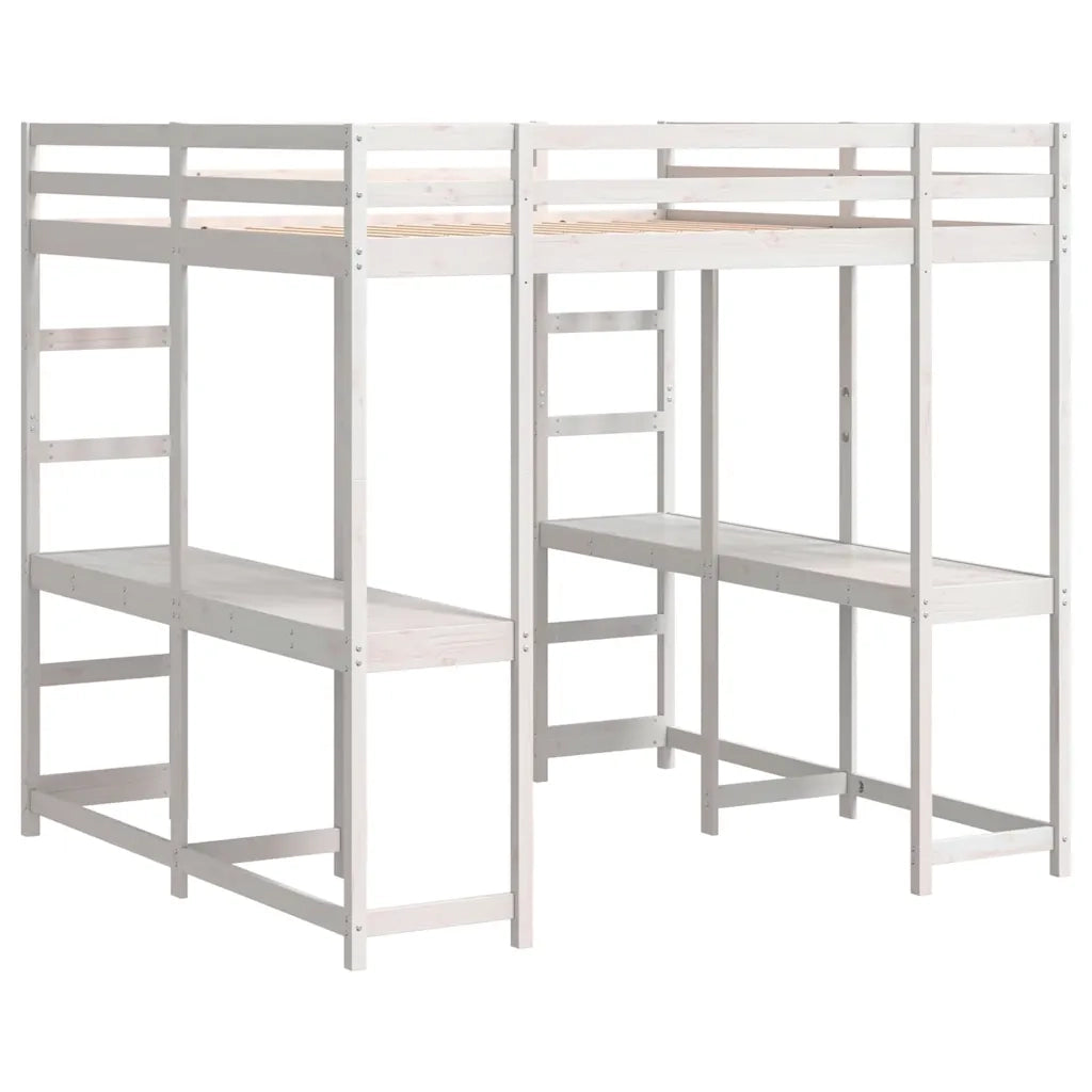 vidaXL Letto Soppalco Scrivania e Scala Bianco 140x200cm Massello Pino