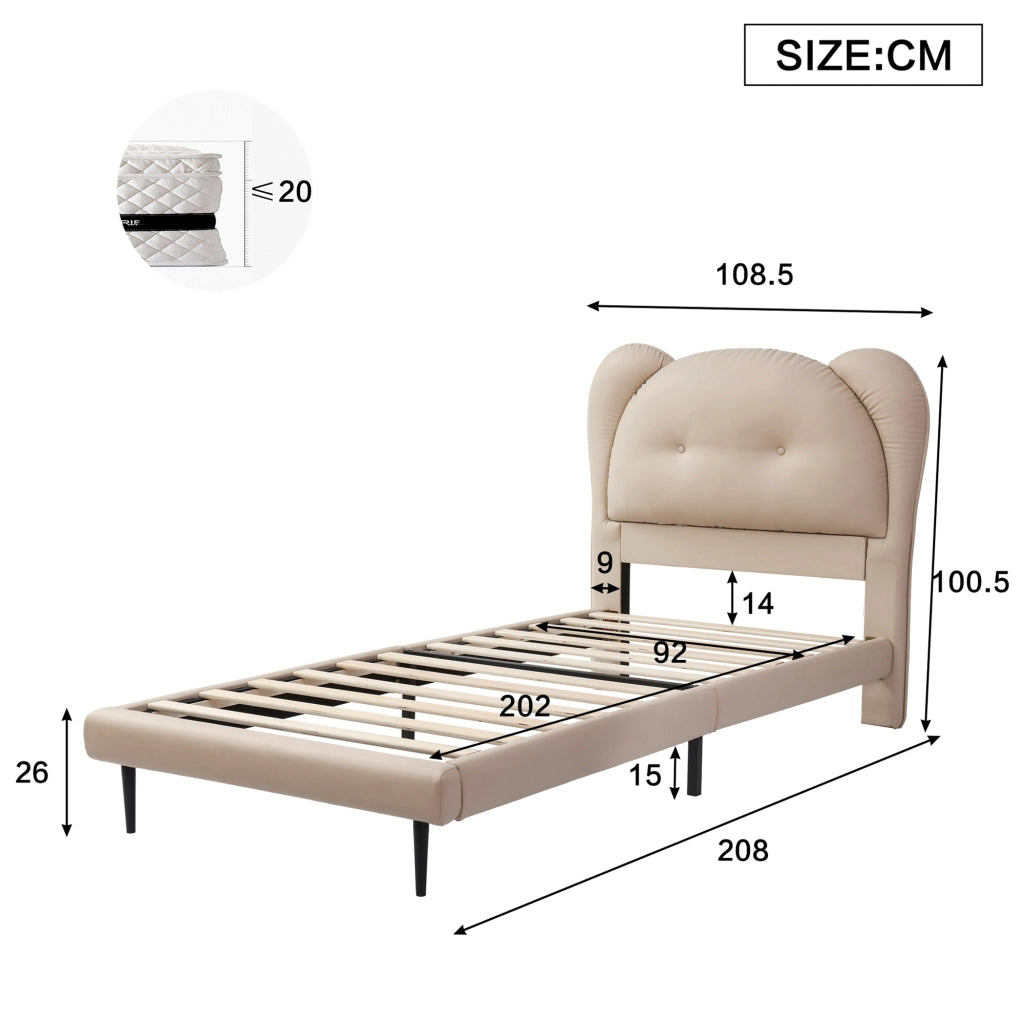 Letto imbottito per bambini con testiera a forma di animale, 90x200 cm, beige