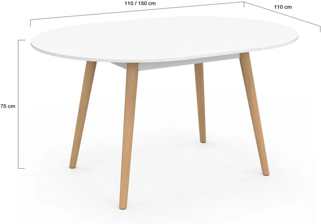ANGELA tavolo da pranzo rotondo allungabile 4-8 persone gamba in legno bianco 110-150 cm