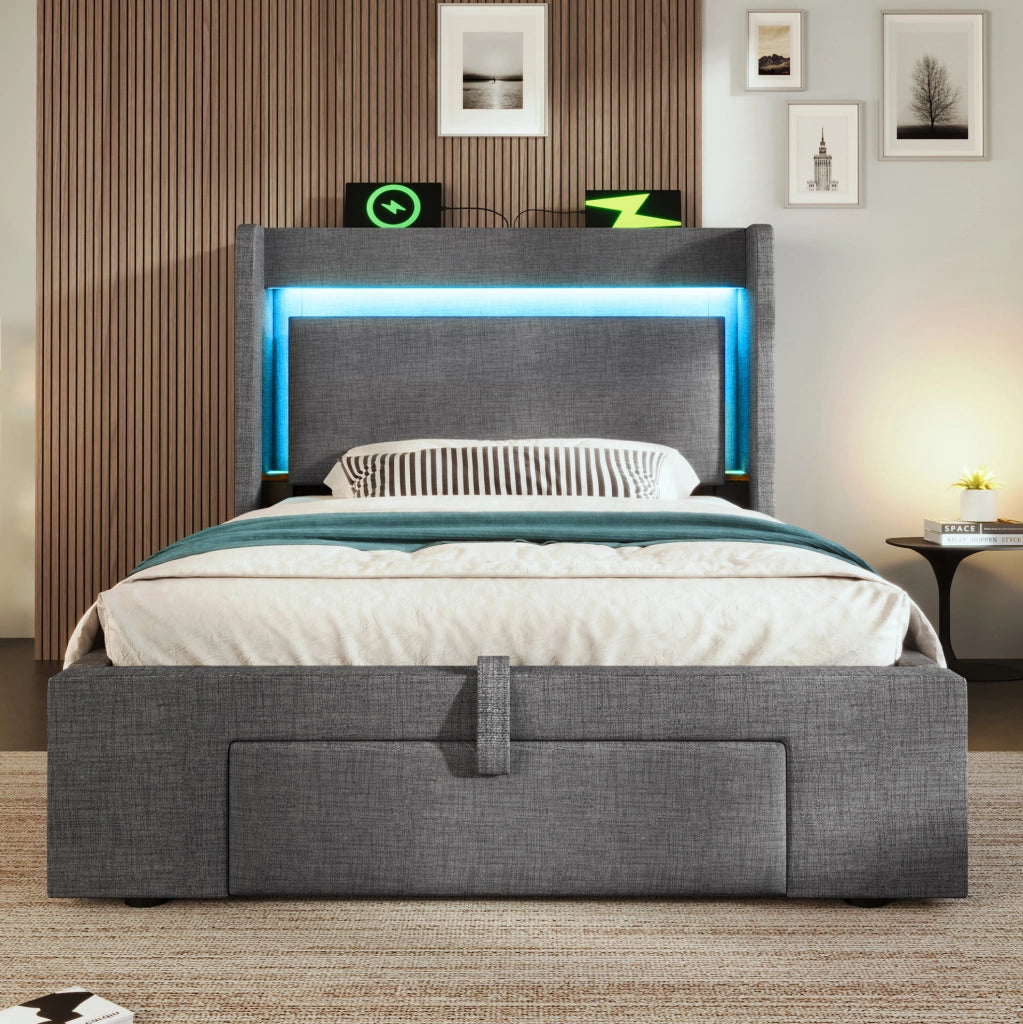 Letto imbottito 90x200 cm con contenitore idraulico, LED, USB e USB-C