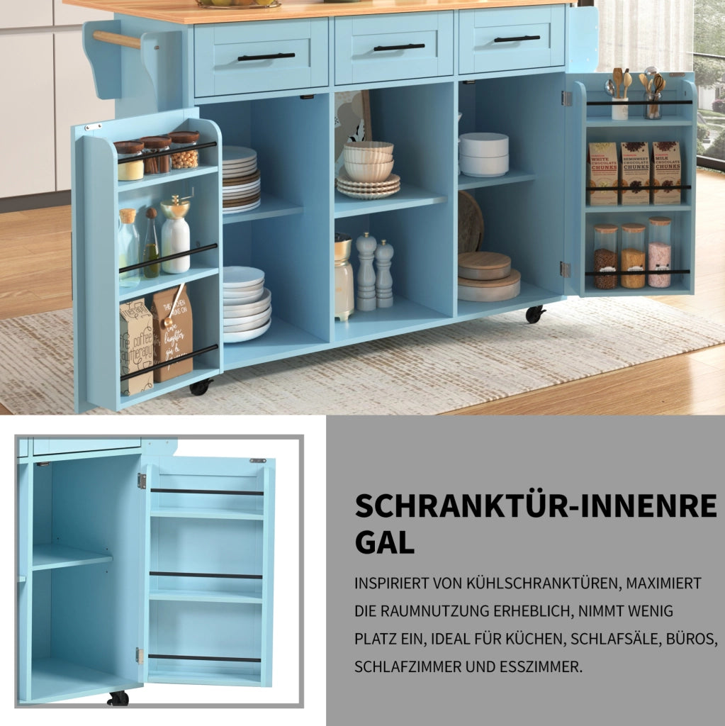 Carrello cucina con piano pieghevole e ruote blu 139 cm