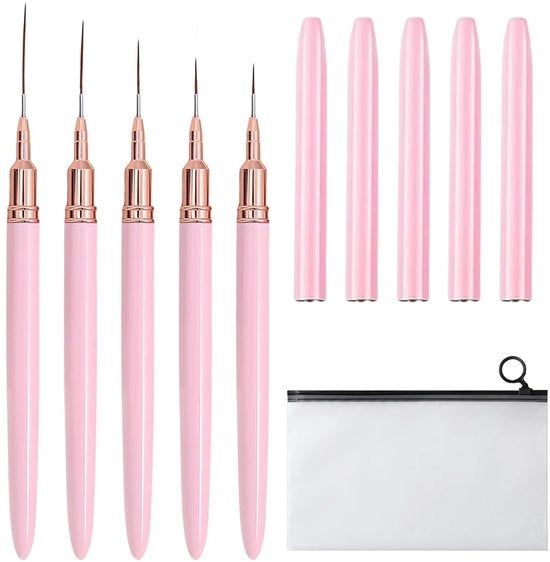 Set di pennelli per nail art 5 in 1 con tasca di conservazione - pennello per linea, pennelli per nail art, pennelli per nail art, pennelli per nail art, pennelli per nail art - design rosa