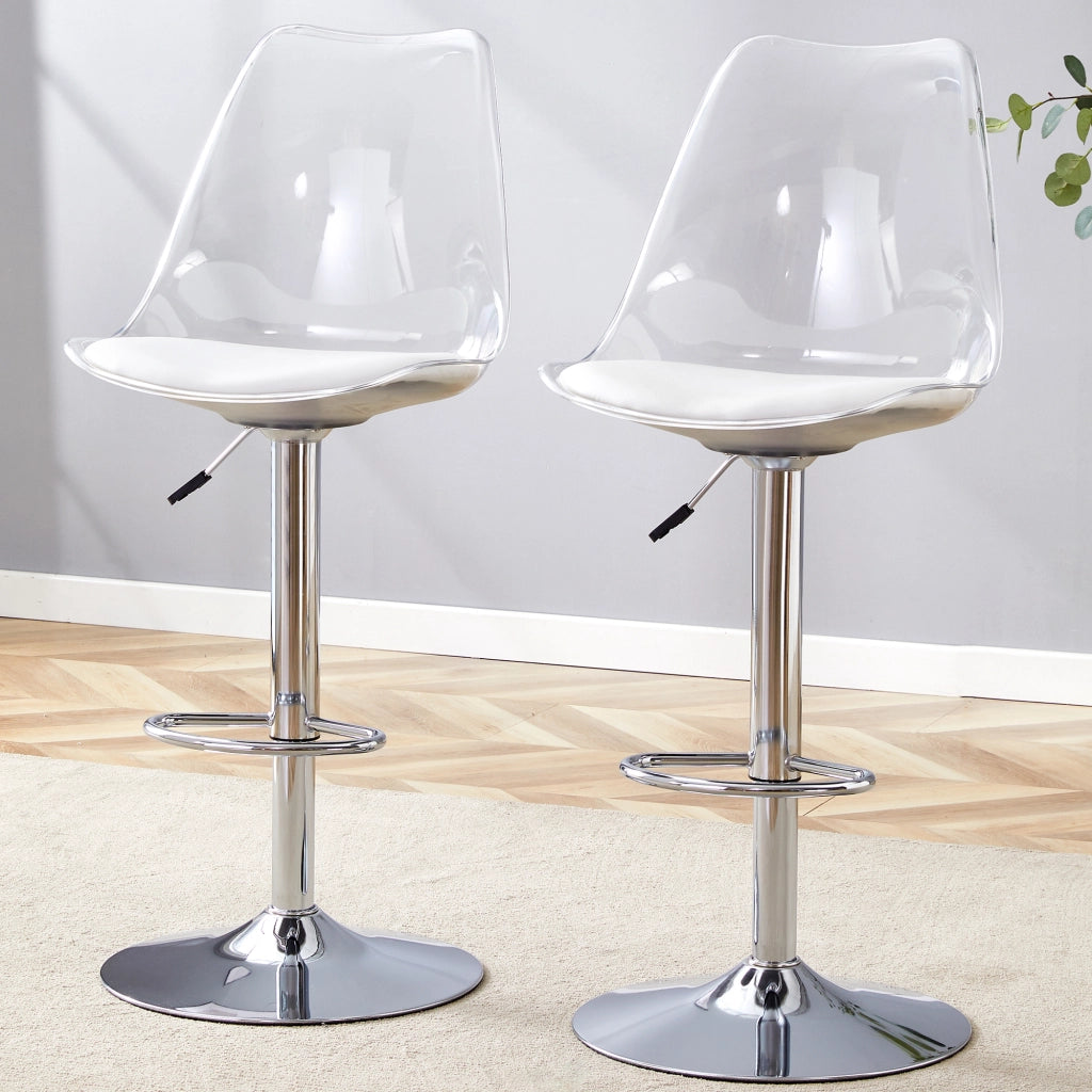 Set di 2 Sgabelli da Bar Regolabili; Girevoli a 360° con Schienale Trasparente; Metallo e Plastica; Argento e Trasparente