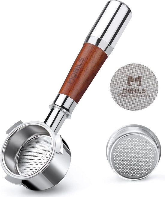 Portafiltro Senza Fondi 54 mm, compatibile con 54 mm Otre in Acciaio Inossidabile con 1 Cestino di Filtri per Caffè, Manico di Legno di Nocciolo e Maniglia di Ricambio