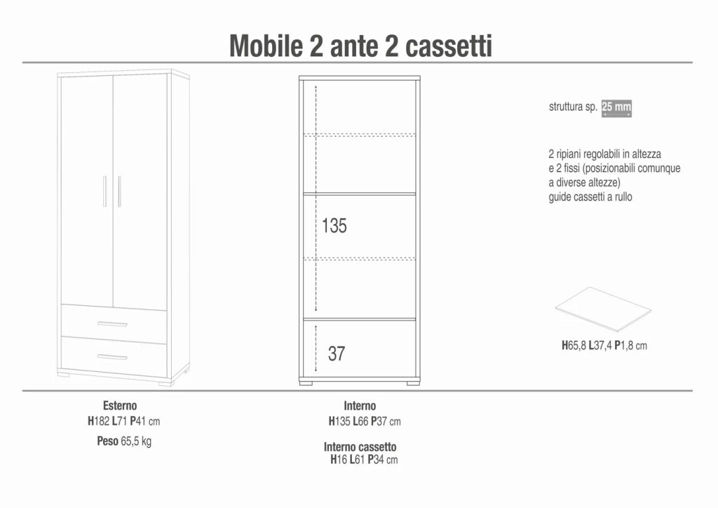 Armadio mobile 2 ante con 2 cassetti 71x41x182H cm in kit dal design elegante colore Ossido bianco e Grigio cemento