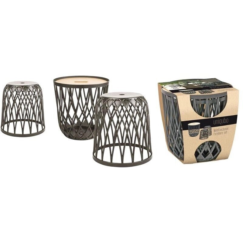 UNIQUBO SET CON 2 SEDUTE TRAFORATE E TAVOLO NATURALE 44,7 X 44,7 X H45 CM