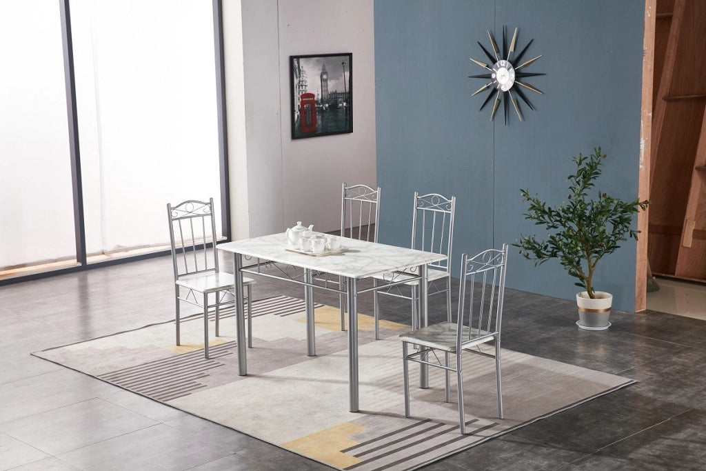 SET TAVOLO CON 4 SEDIE EFFETTO MARMO CHIARO 120X70 Cm