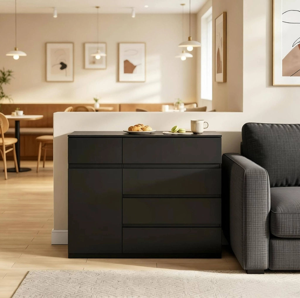 Credenza contenitore 100x40x80 cm con 5 cassetti e anta; nera