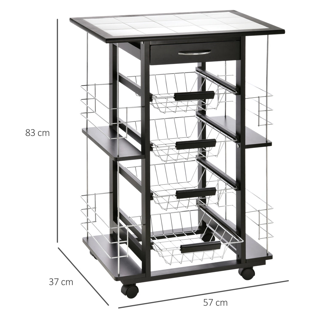 Carrello da cucina con ruote e cestini ¨C zephmum ¨C nero, bianco, legno, metallo, 4 cestini