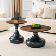 Tavolini bassi impilabili con 2 piani rotondi, base in metallo, stile moderno, per soggiorno, effetto noce nero