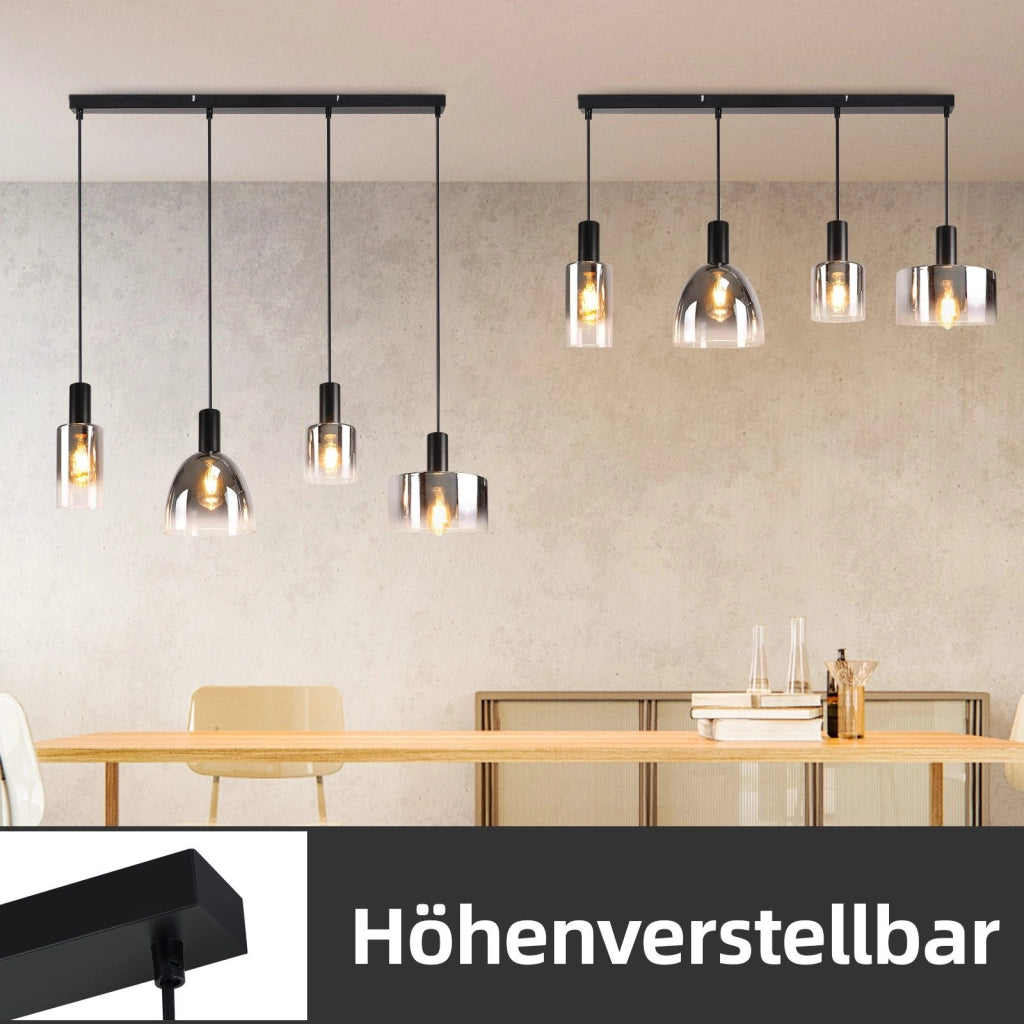 ZMH Lampada a Sospensione 4 Luci E27 Vintage Vetro Fum¨¦ Altezza Regolabile per Camera Cucina Senza Lampadina