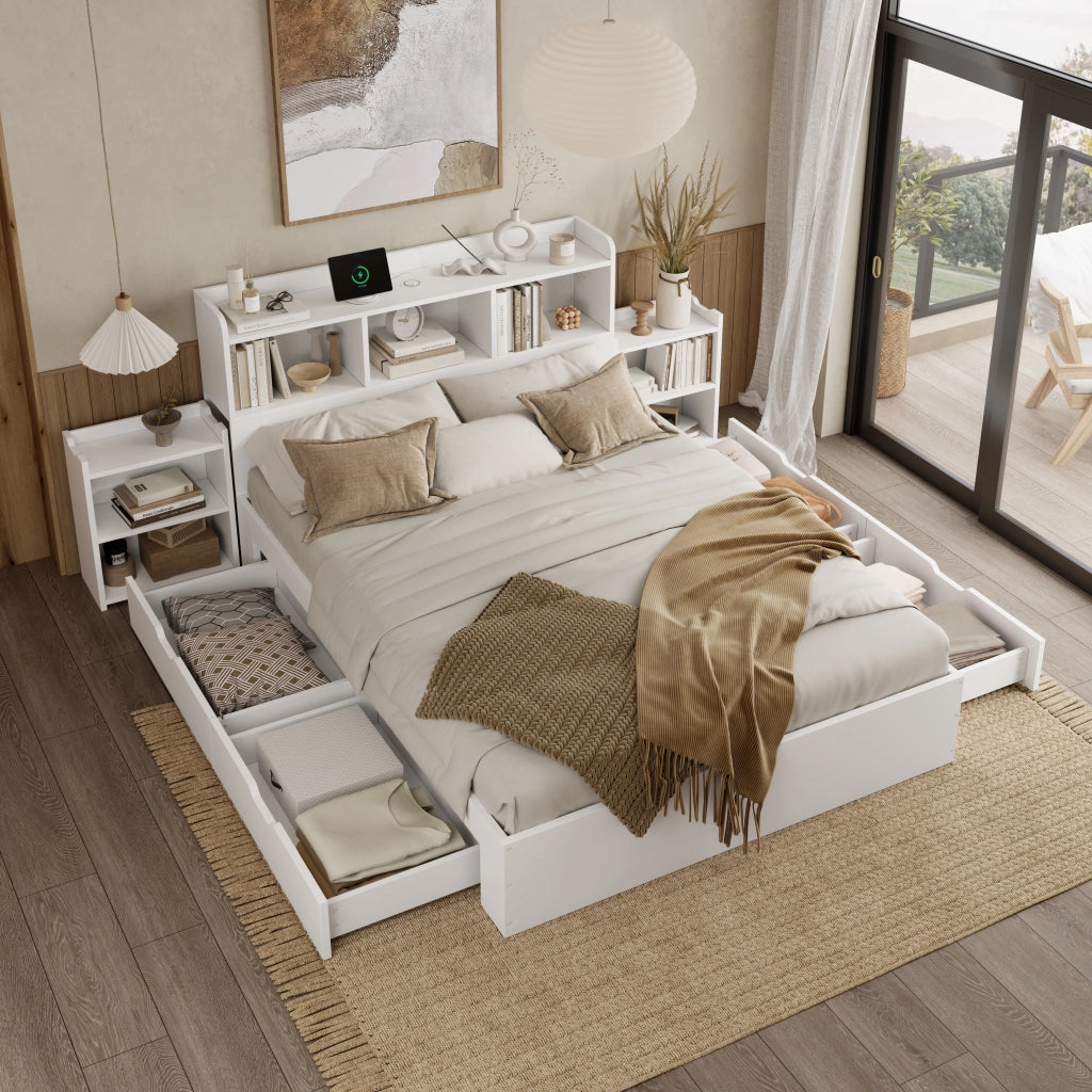 Letto Matrimoniale in Legno con Testiera, Cassetti e Comodini ¨C MINIMAL ¨C Bianco 140x200