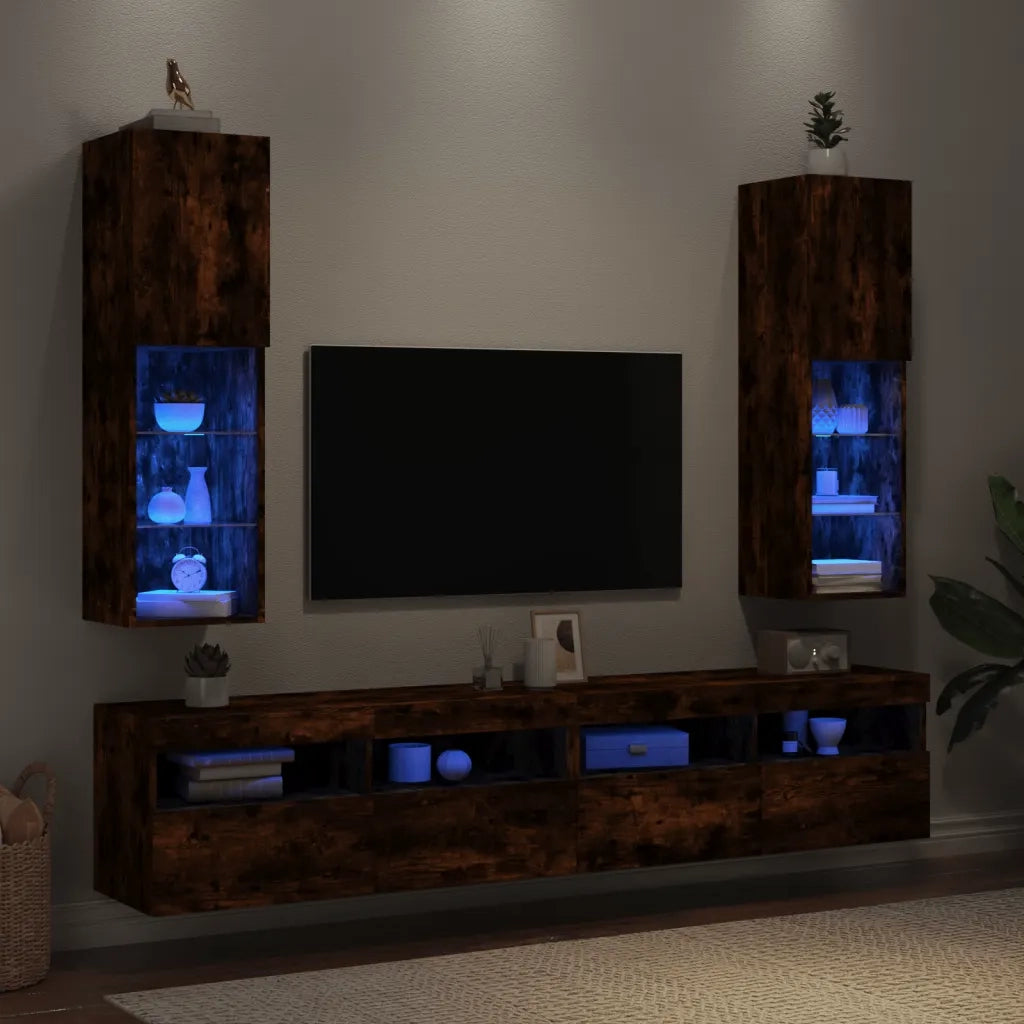 Mobili Porta TV con Luci LED 2 pz Rovere Fumo 30,5x30x102 cm 837024