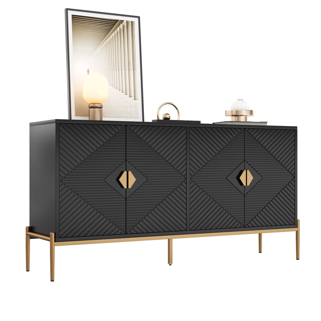 Credenza con 4 Ante e Gambe in Metallo; Motivo Geometrico 3D; Stile Moderno; in MDF; Nero; 162??40??80 cm