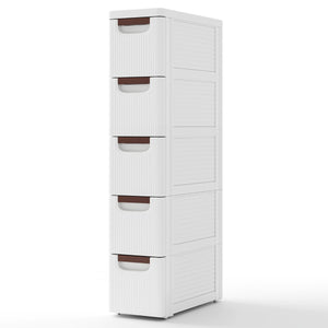 Mobiletto stretto con ruote, Carrello e organizzatore slim con 5 cassetti per spazi piccoli Bianco-Cassettiere