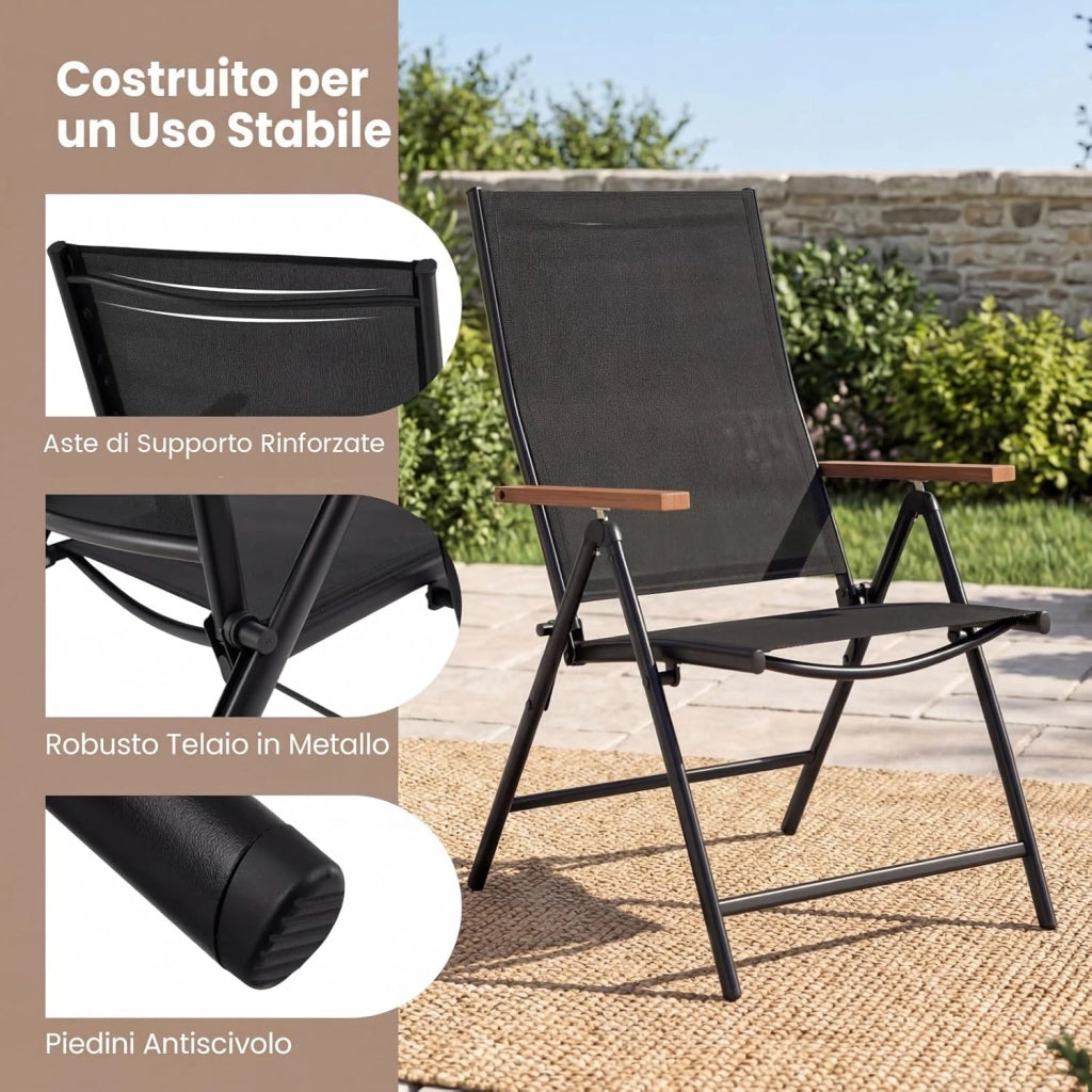 Set di 2/4 Sedie da Giardino Pieghevole, Struttura in Metallo, Poltrona in Tessuto Traspirante, Schienale Regolabile, per Balcone, Giardino, Terrazzo, Portata 150 kg (2,Nero)