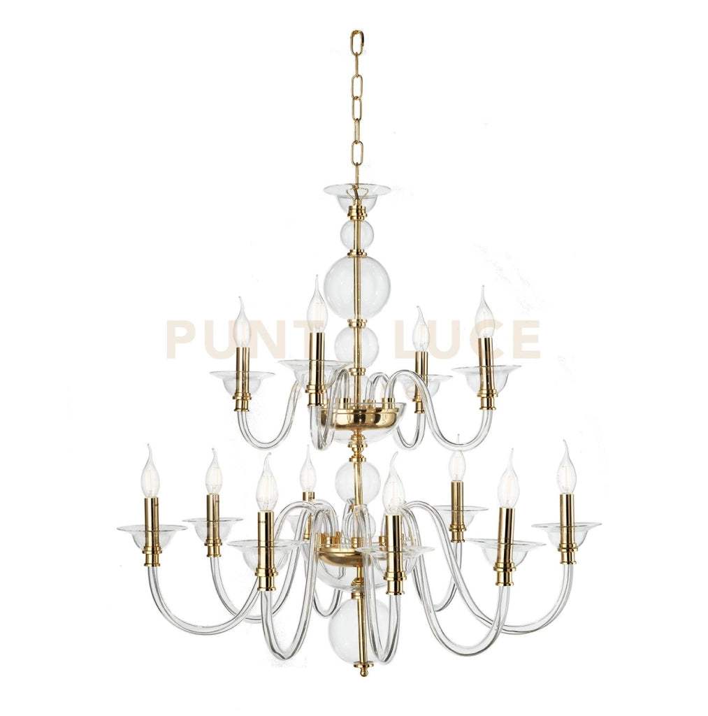 LAMPADARIO TEBE 12 LUCI TRASPARENTE E ORO ATTACCO E14 D.87CM