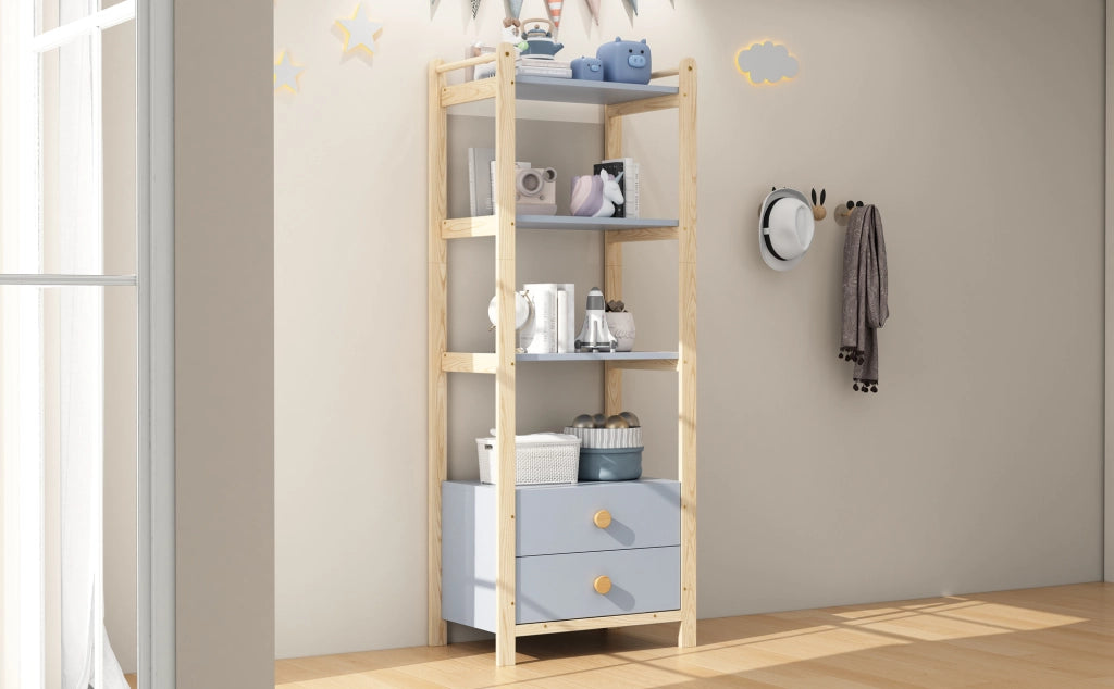 Scaffale a 4 livelli con 2 cassetti, struttura in pino, colore blu e legno naturale, 70x44x180 cm